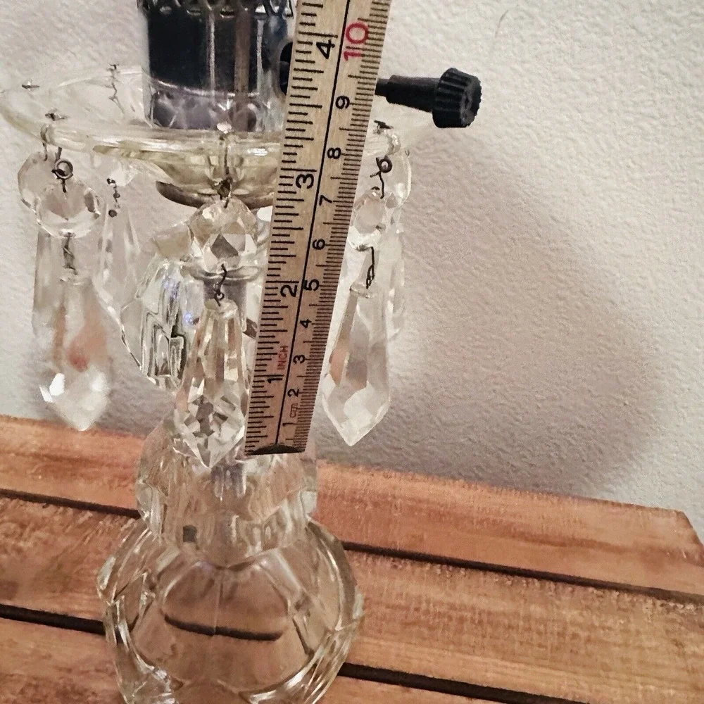 VINTAGE GLASS ROUND‎ HURRICANE TABLE LAMP WITH CRYSTAL PRISMS